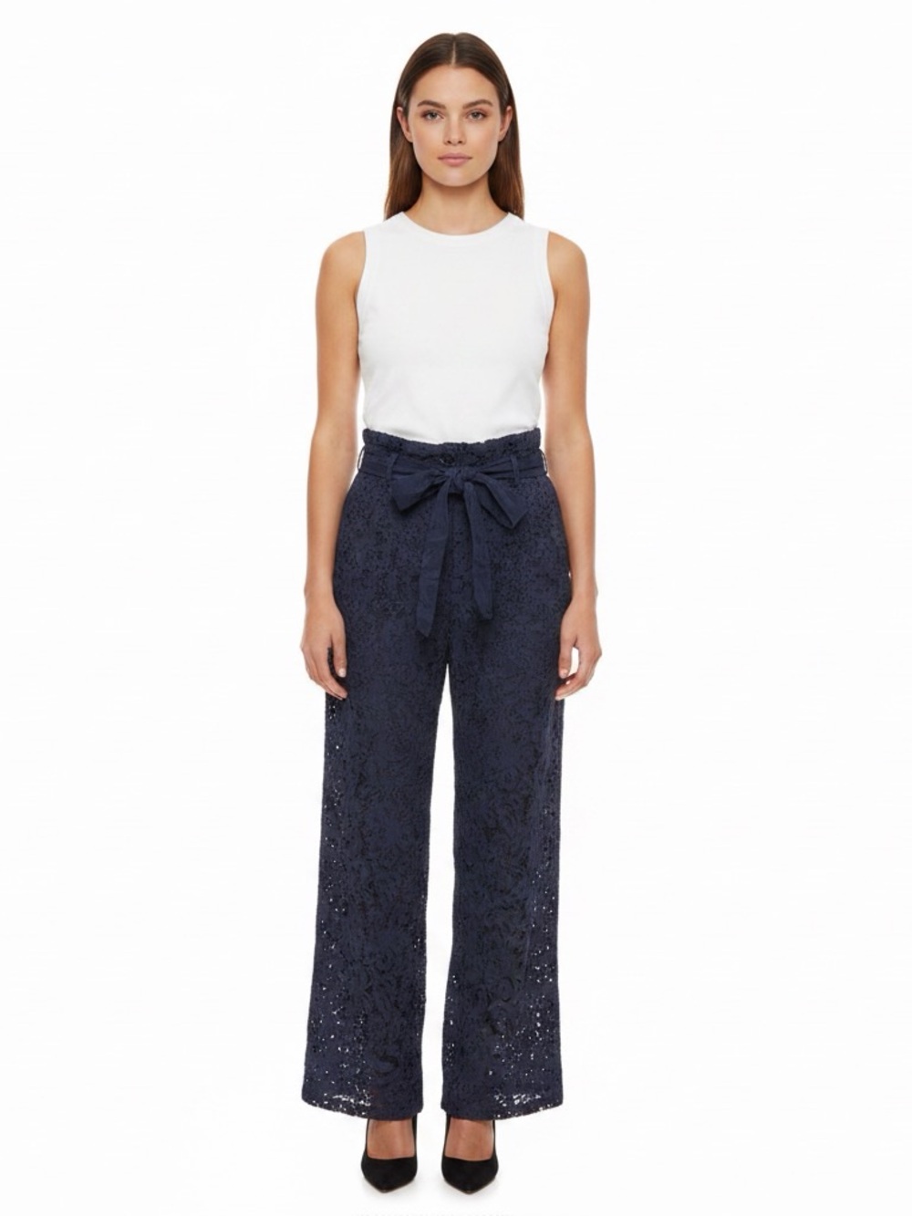 Lace Straight-Leg Pants with Self-Tie Waist in Navy - Picture 6 of 6